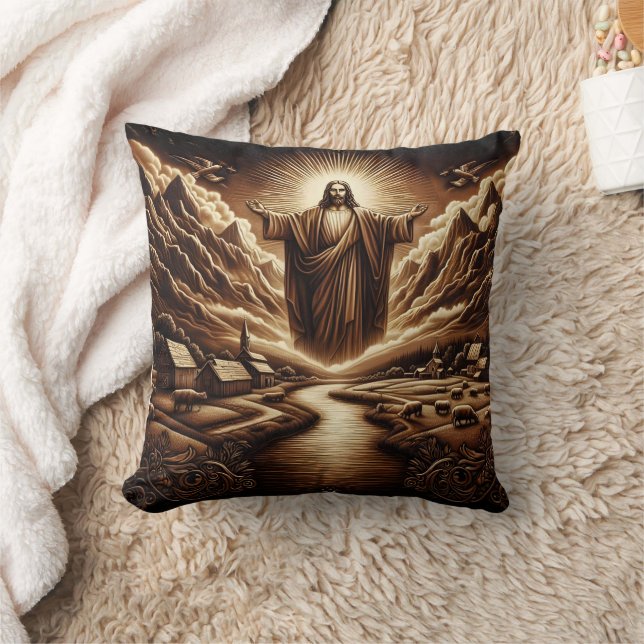 Jesus Overseeing a Serene Rural Landscape Throw Pillow (Blanket)
