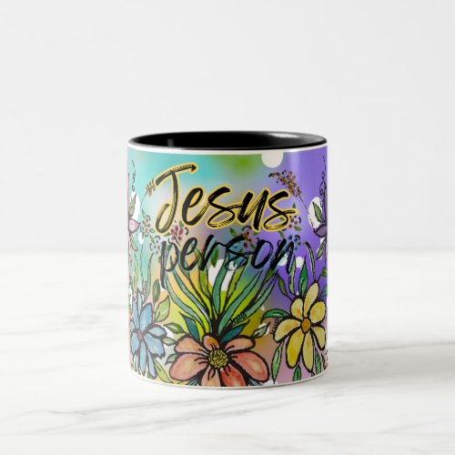 Jesus Person Bold Colorful Floral Two_Tone Coffee Mug