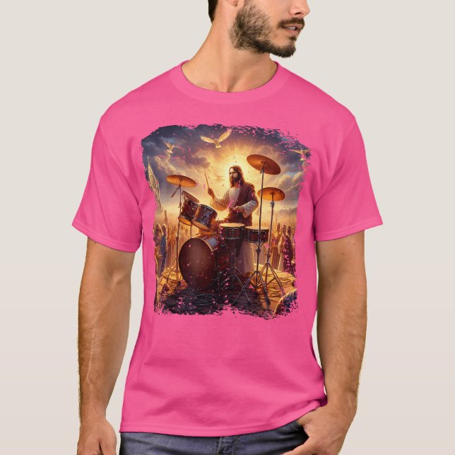 Jesus Playing Drums Christian Drummer Painting Dru T-Shirt (Front)