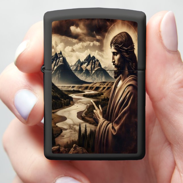 Jesus Pointing to Mountain Landscape Zippo Lighter (In Hand)