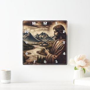 Jesus Pointing Towards Majestic Mountain Landscape Square Wall Clock