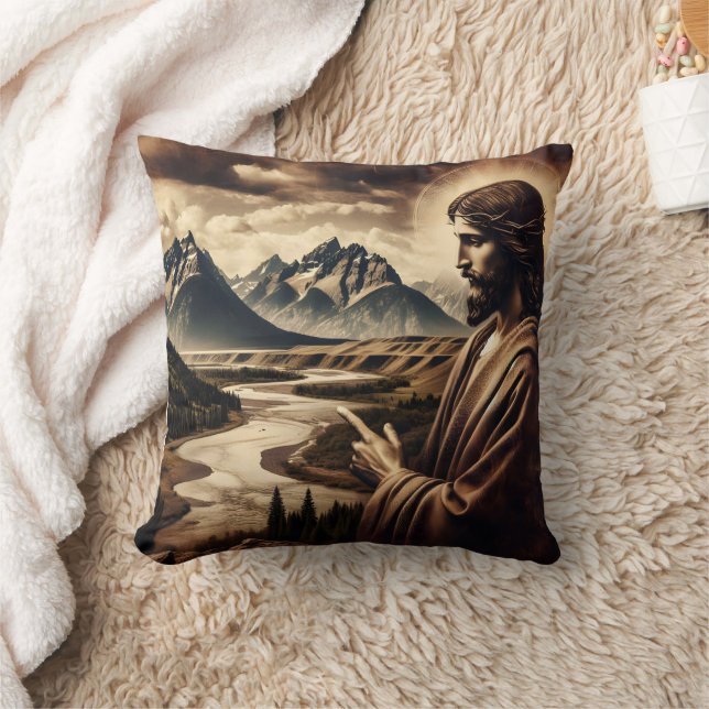 Jesus Pointing Towards Majestic Mountain Landscape Throw Pillow (Blanket)