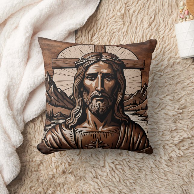 Jesus Portrait Surrounded by Mountains and Cross Throw Pillow (Blanket)