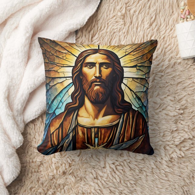 Jesus Portrait With Golden Aura in Stained Glass Throw Pillow (Blanket)