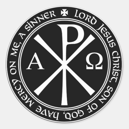 Jesus Prayer with Chi_ro black and white in circle Classic Round Sticker