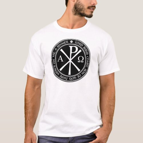 Jesus Prayer with Chi_ro black and white in circle T_Shirt