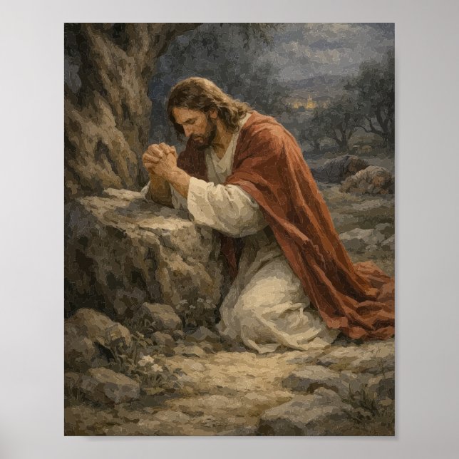 Jesus Praying in Garden Poster – Gethsemane Night  (Front)