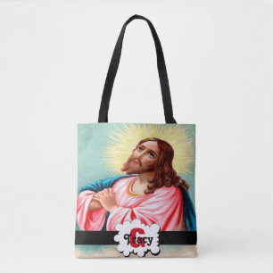 Jesus praying monograms bag. tote bag