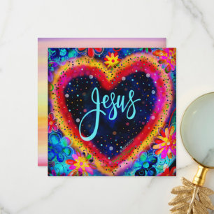 Jesus Pretty Floral Colorful Heart Inspirational Thank You Card