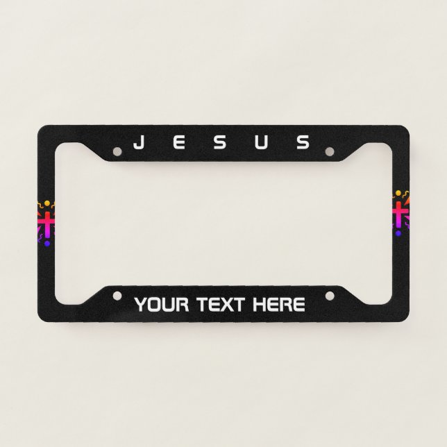 Jesus Quote Name Cross Black Neon License Plate Frame (Front)