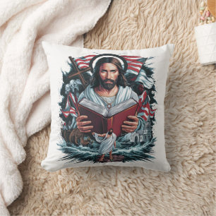 Jesus reading amidst waves and symbols of faith throw pillow