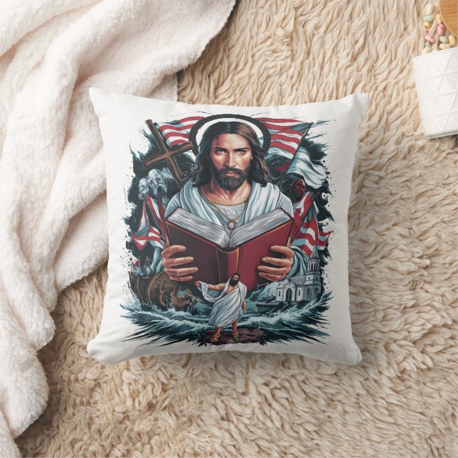 Jesus reading amidst waves and symbols of faith throw pillow (Blanket)