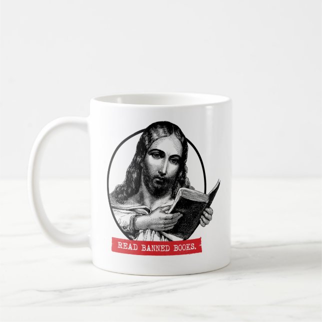 Jesus Reads Banned Books Coffee Mug (Left)