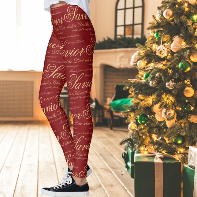 Jesus Red Gold Christian Religious Christmas Gift Leggings (Red and Gold religious Christmas leggings. Great gift for Christian women.)