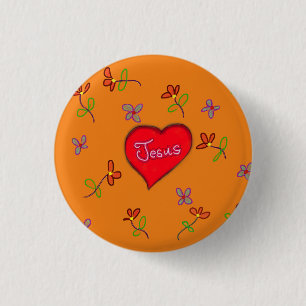 Jesus Red Heart Floral Orange Christian Button