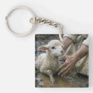 Jesus Rescuing a Lamb from a Mud Puddle Keychain