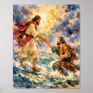 Jesus Rescuing Peter Christian Art Poster