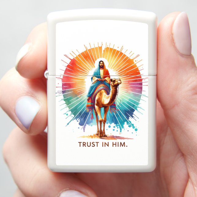 Jesus riding a camel with a radiant background zippo lighter (In Hand)