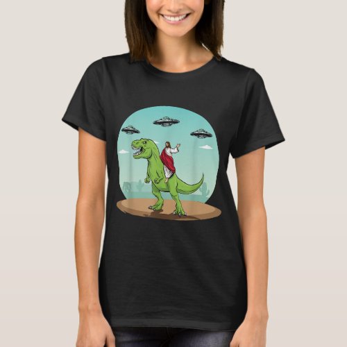 Jesus Riding A Dinosaur Funny Bigfoot UFO Alien Ab T_Shirt