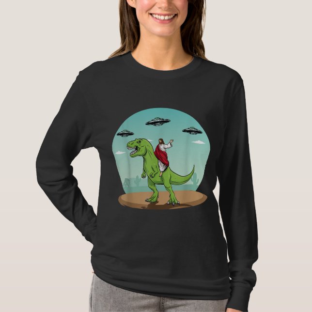 Jesus Riding A Dinosaur Funny Bigfoot UFO Alien Ab T-Shirt (Front)
