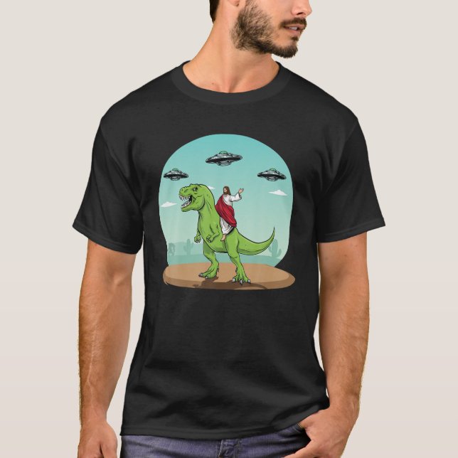 Jesus Riding A Dinosaur Funny Bigfoot UFO Alien Ab T-Shirt (Front)