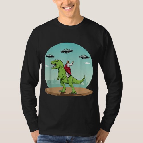 Jesus Riding A Dinosaur Funny Bigfoot UFO Alien Ab T_Shirt