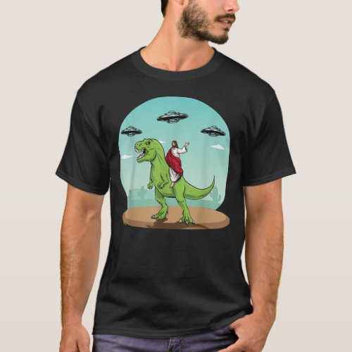 Jesus Riding A Dinosaur Funny Bigfoot UFO Alien T_Shirt