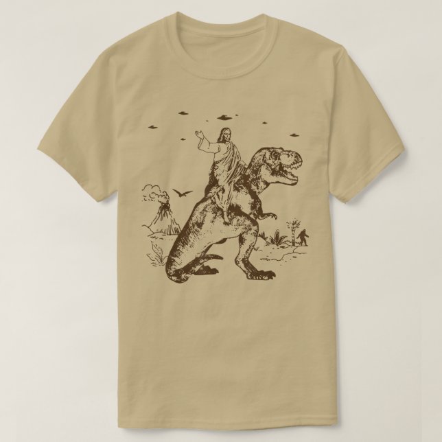 Jesus Riding A Dinosaur Funny UFO Alien Abduction  T-Shirt (Design Front)