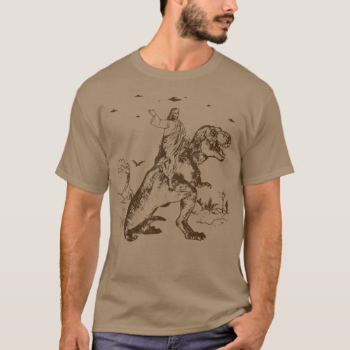 Jesus Riding A Dinosaur Funny UFO Alien Abduction  T_Shirt