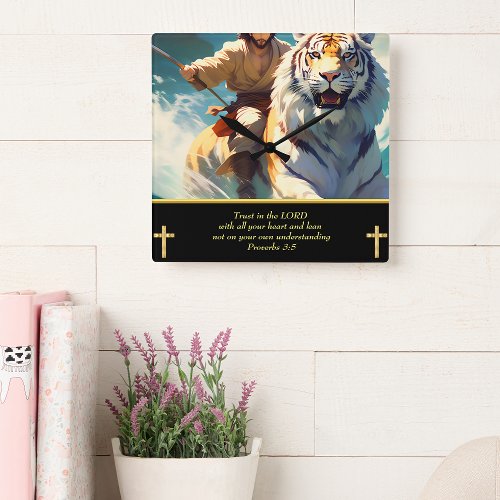 Jesus riding a tiger square wall clock