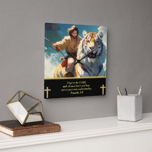 Jesus riding a tiger square wall clock