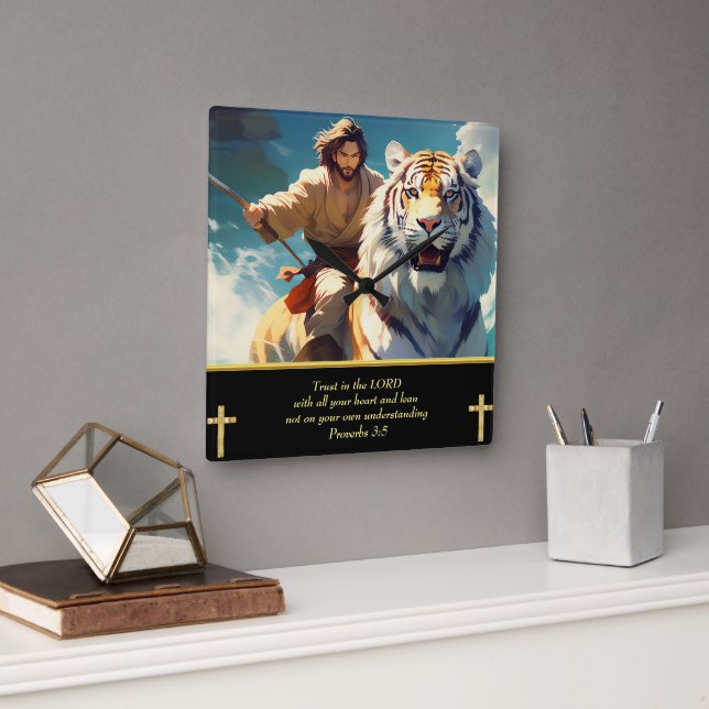 Jesus riding a tiger square wall clock (Office)
