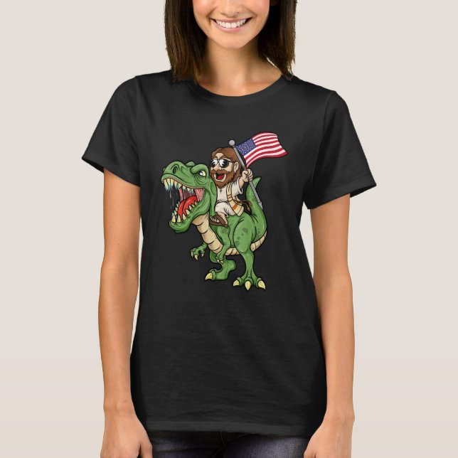 Jesus Riding A Tyrannosaurus Rex Dinosaur USA Flag T-Shirt (Front)