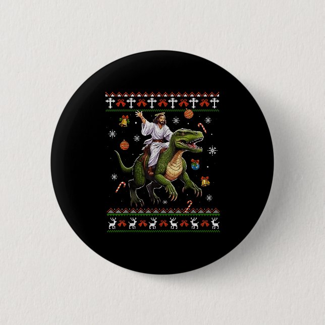 Jesus Riding Dinosaur Funny Meme Ugly Christmas Sw Button (Front)