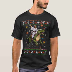 Jesus Riding Dinosaur Funny Meme Ugly Christmas Sw T-Shirt