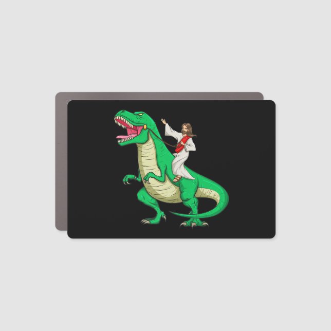 Jesus Riding Dinosaur Funny Parody Tyrannosaurus R Car Magnet (Front)