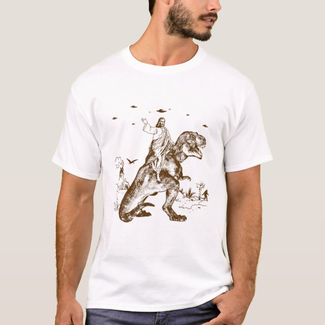 Jesus Riding Dinosaur Jesus Is King Christian Gift T-Shirt (Front)