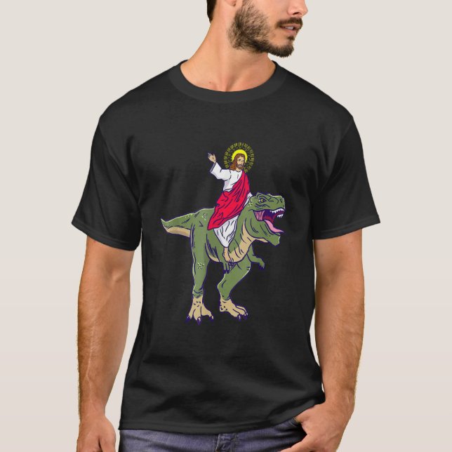 Jesus Riding Dinosaur Rex Jesus Christian T-Shirt (Front)