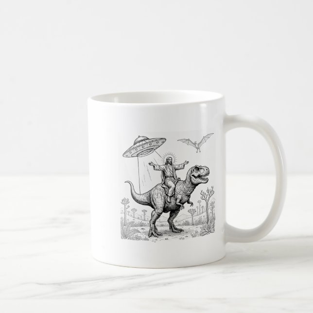 Jesus Riding Dinosaur T-rex Ufo Hunting Alien Sci- Coffee Mug (Right)