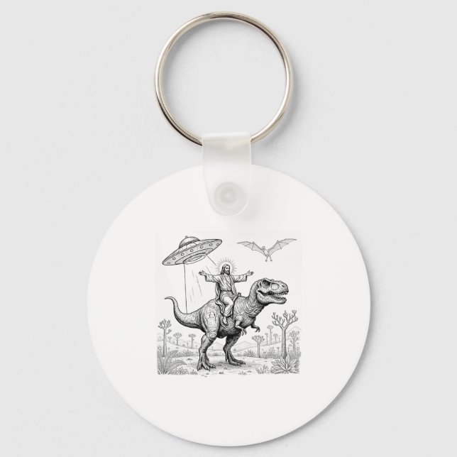 Jesus Riding Dinosaur T-rex Ufo Hunting Alien Sci- Keychain (Front)