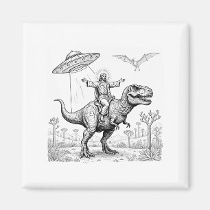 Jesus Riding Dinosaur T-rex Ufo Hunting Alien Sci- Magnet