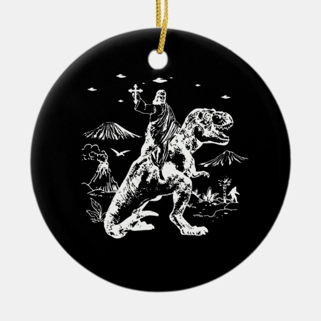 Jesus Riding Dinosaur UFO 90s Graphic Ceramic Ornament (Front)