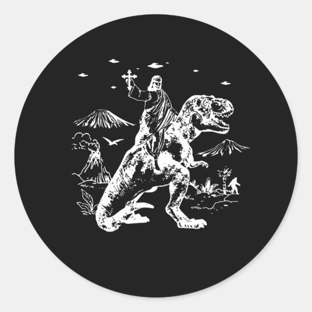 Jesus Riding Dinosaur UFO 90s Graphic Classic Round Sticker (Front)
