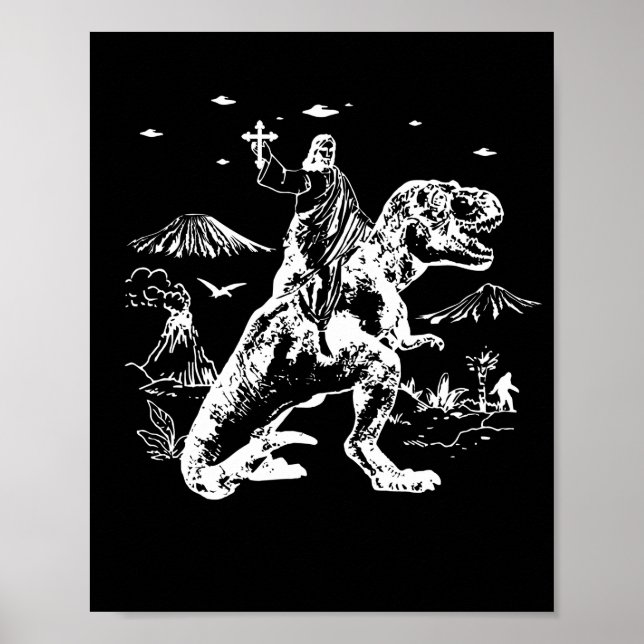 Jesus Riding Dinosaur UFO 90s Graphic Poster (Front)