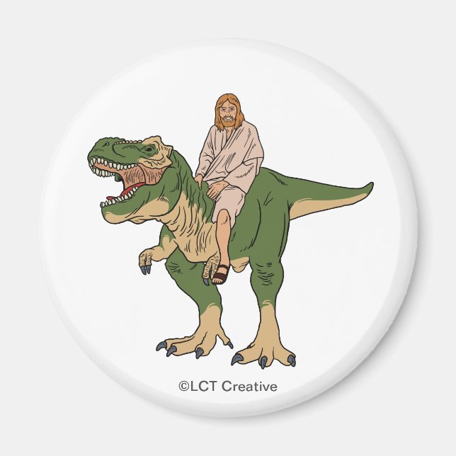 Jesus Riding T-Rex Magnet (Front)