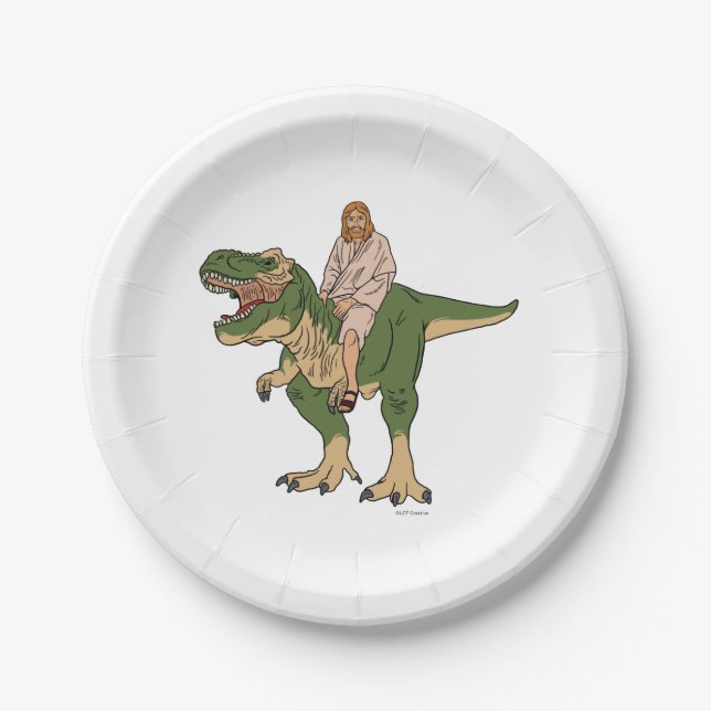 Jesus Riding T-Rex Paper Plates (Front)