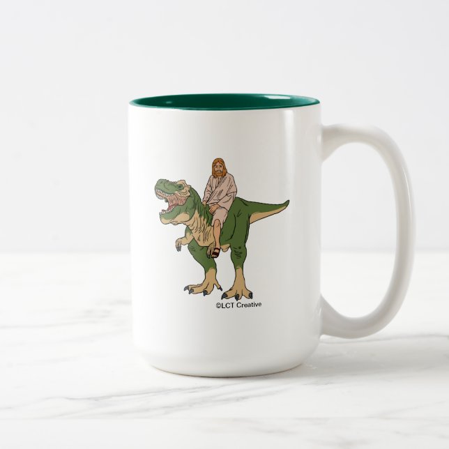 Jesus Riding T-Rex Two-Tone Coffee Mug (Right)
