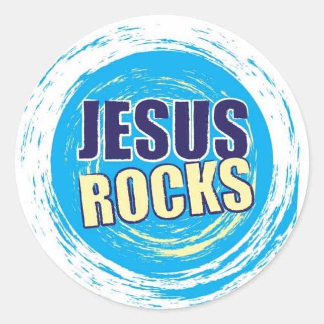 Jesus Rocks 7 Blue & Yellow Classic Round Sticker (Front)