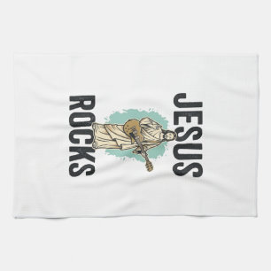 Jesus Rocks Guitar Vintage Christian Engraving Des Kitchen Towel