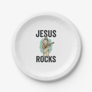 Jesus Rocks Guitar Vintage Christian Engraving Des Paper Plates